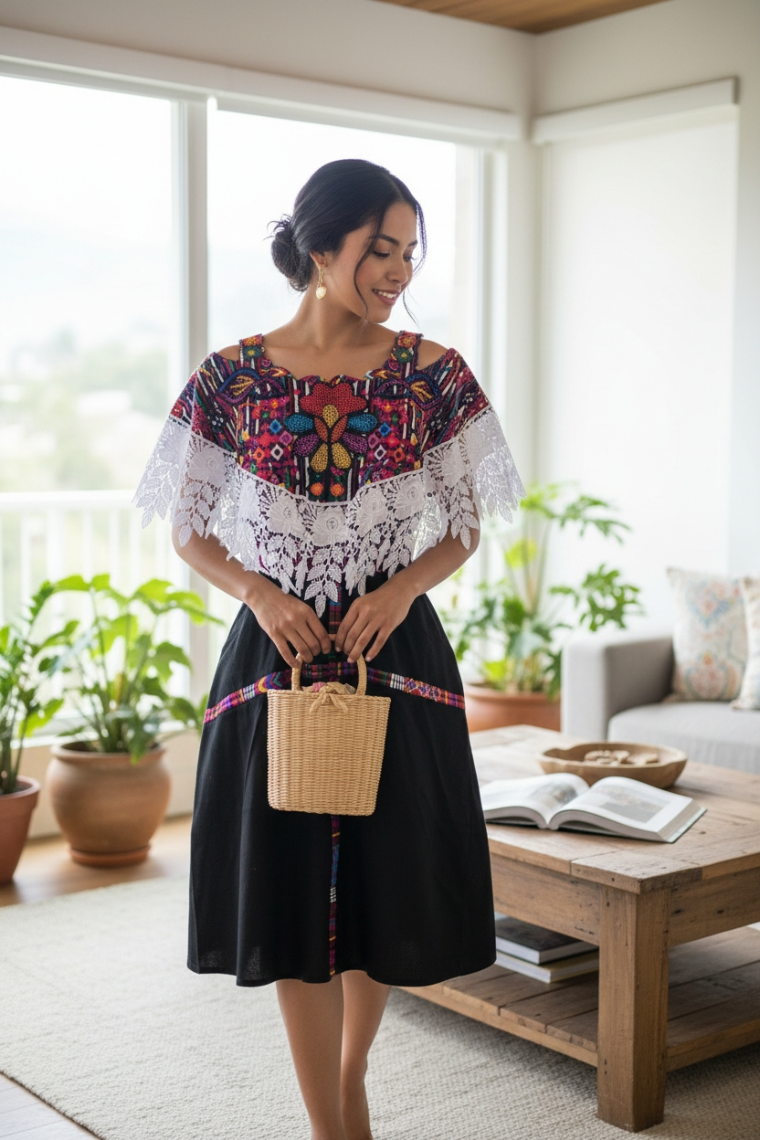 VESTIDO DE BLONDA CON DETALLES PERLADOS, UNITALLA