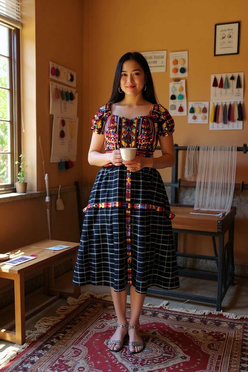 Vestido de Falda Media Campana con Blusa de Hombros Caídos y Faja TECPAN Y SAN JUANERO