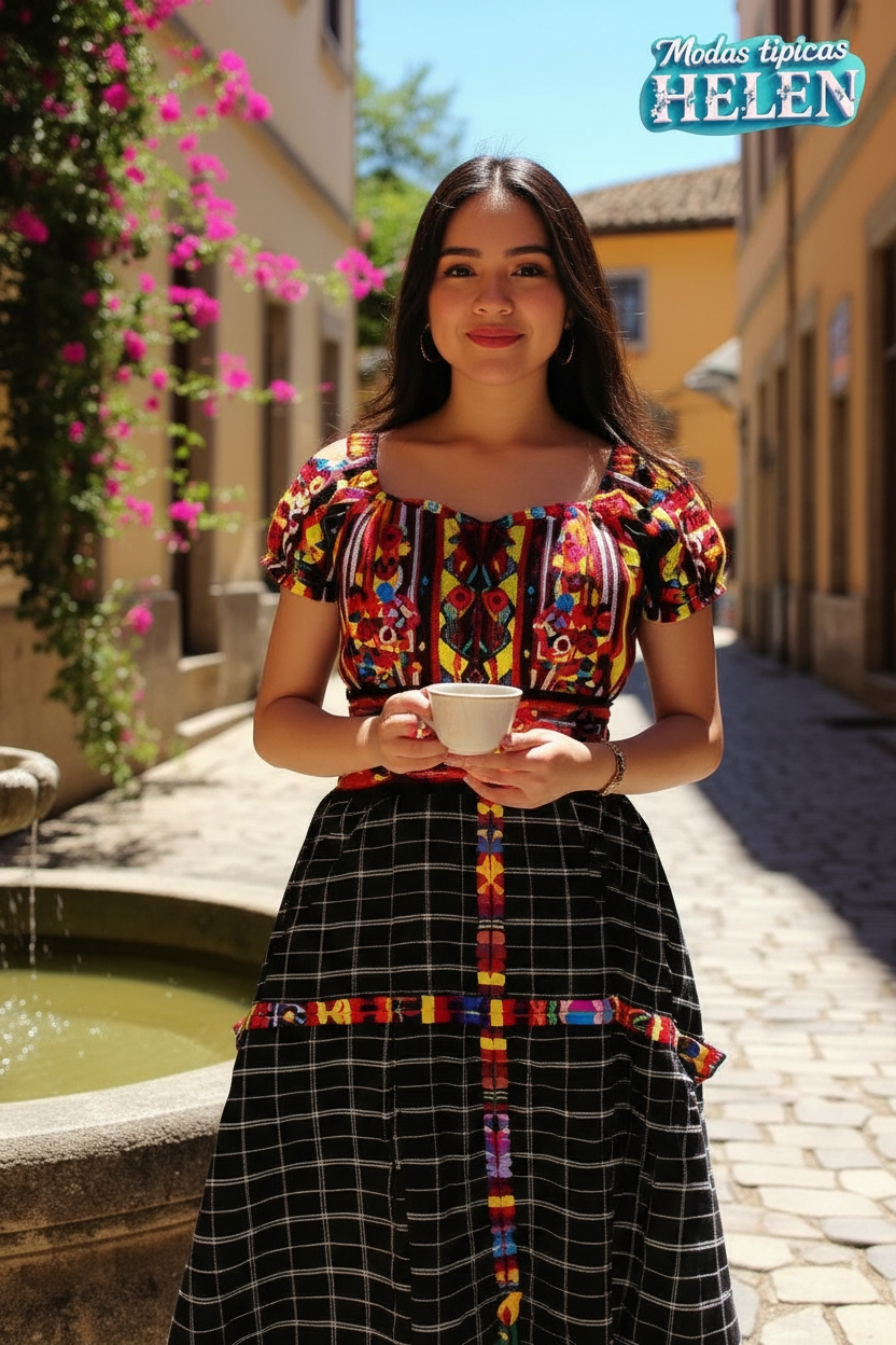 Vestido de Falda Media Campana con Blusa de Hombros Caídos y Faja TECPAN Y SAN JUANERO