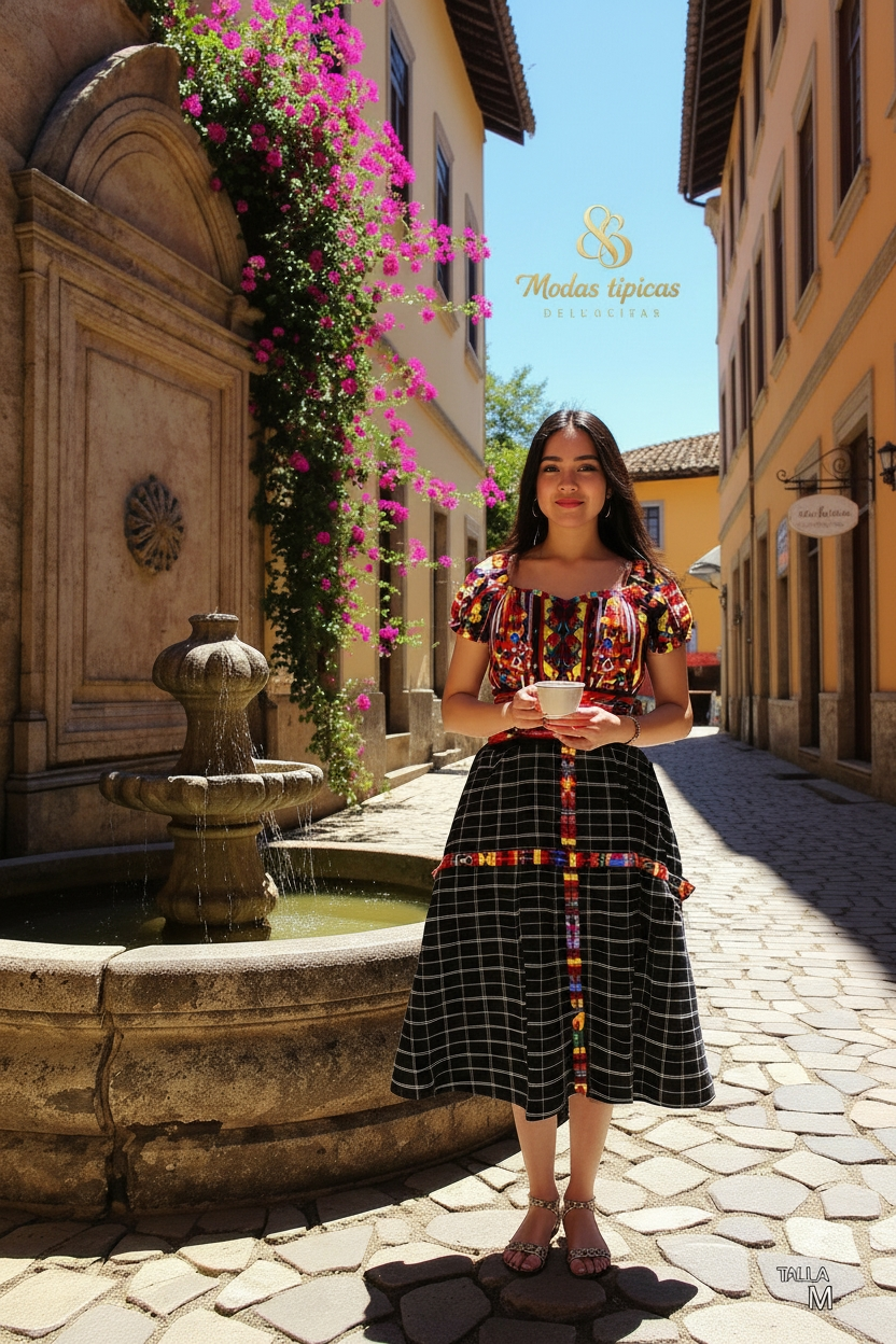 Vestido de Falda Media Campana con Blusa de Hombros Caídos y Faja TECPAN Y SAN JUANERO
