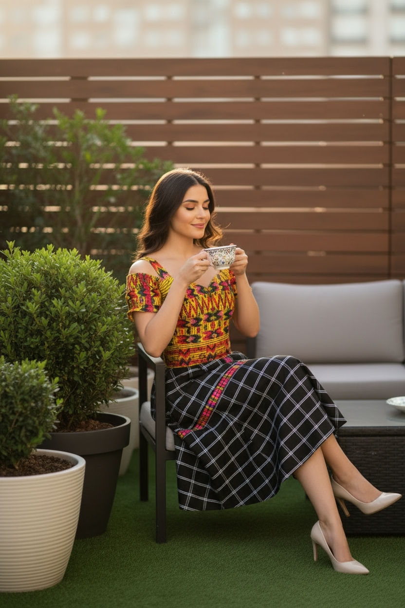 Vestido de Falda Media Campana con Blusa de Hombros Caídos y Faja TECPAN Y SAN JUANERO
