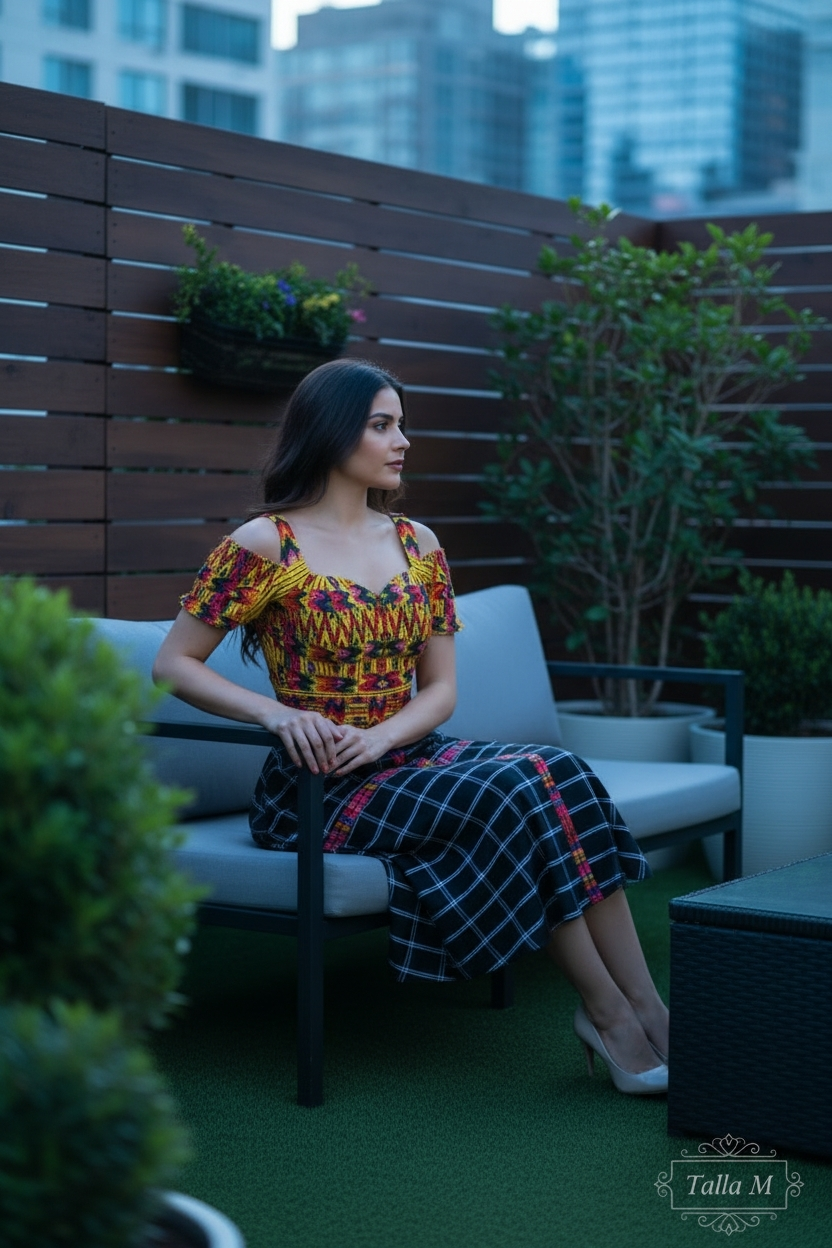 Vestido de Falda Media Campana con Blusa de Hombros Caídos y Faja TECPAN Y SAN JUANERO