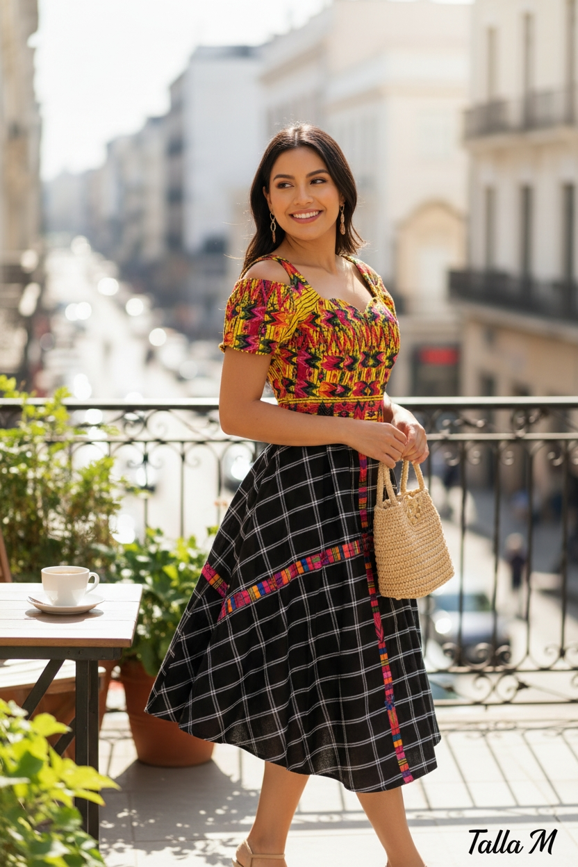 Vestido de Falda Media Campana con Blusa de Hombros Caídos y Faja TECPAN Y SAN JUANERO