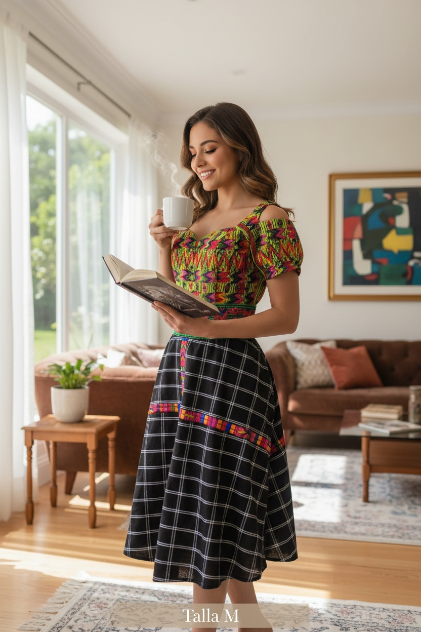 Vestido de Falda Media Campana con Blusa de Hombros Caídos y Faja TECPAN Y SAN JUANERO