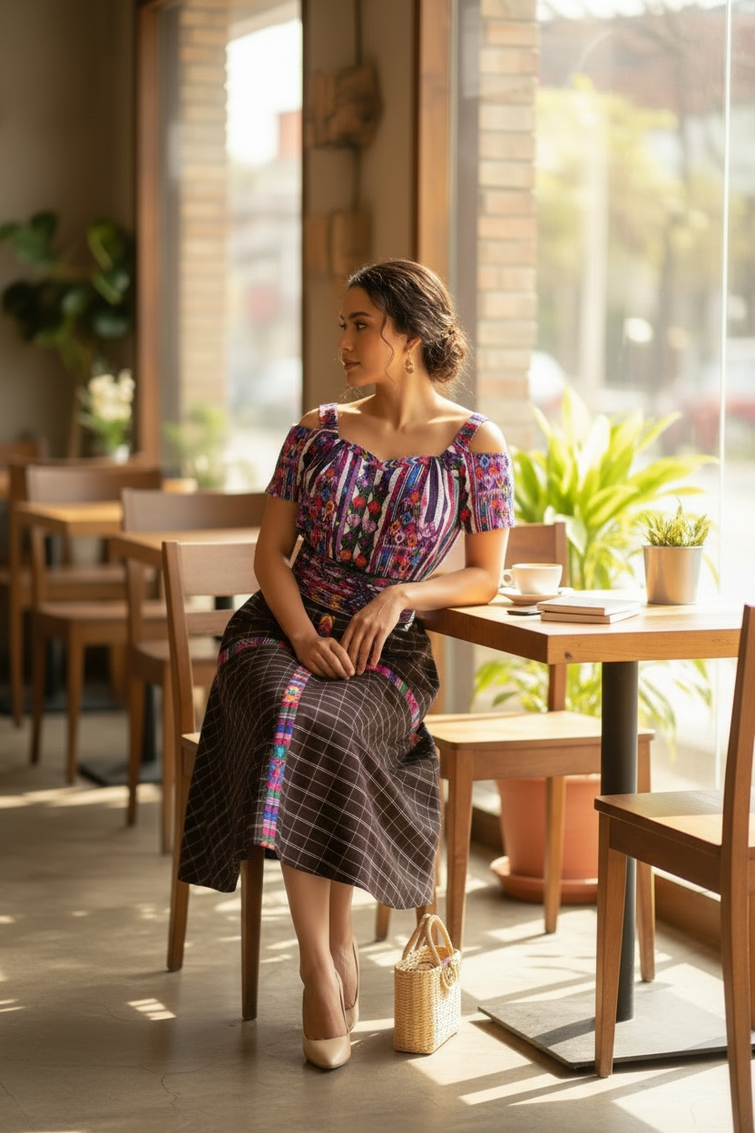 Vestido de Falda Media Campana con Blusa de Hombros Caídos y Faja TECPAN Y SAN JUANERO