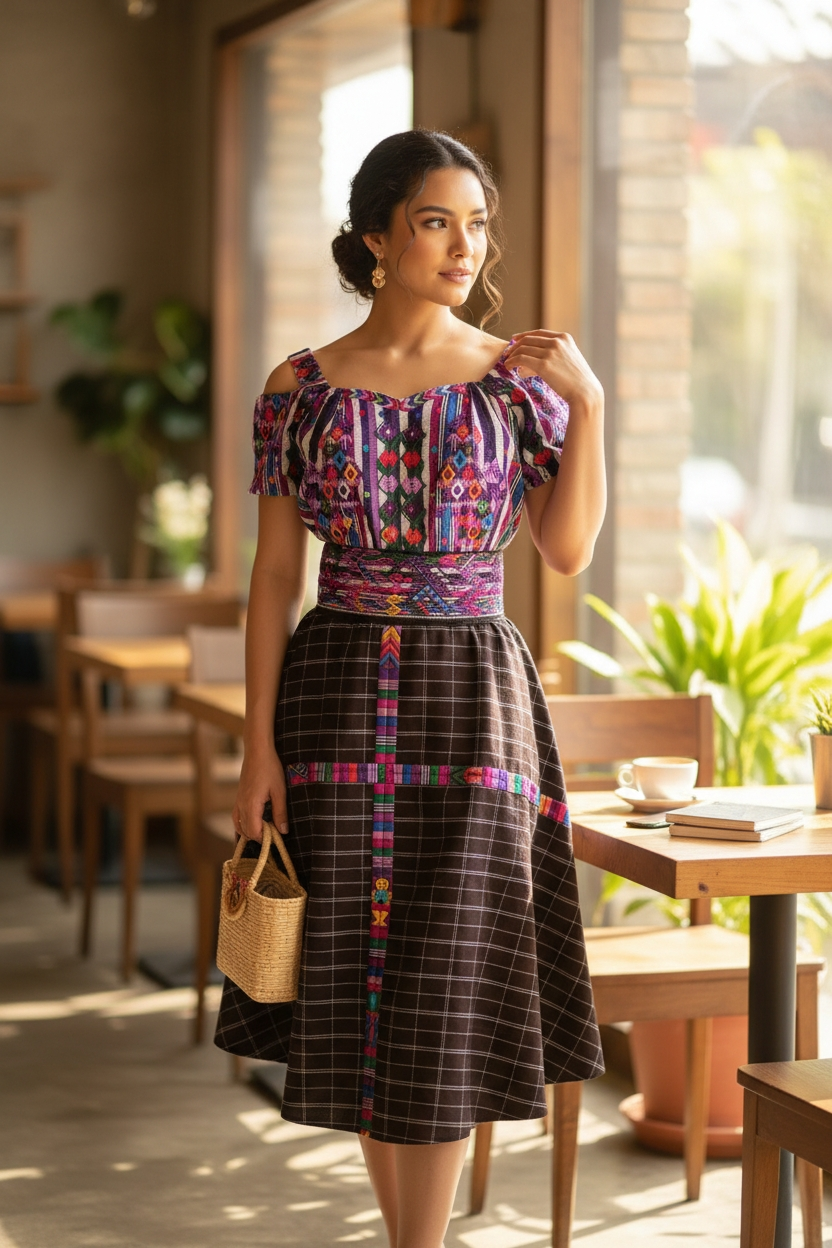Vestido de Falda Media Campana con Blusa de Hombros Caídos y Faja TECPAN Y SAN JUANERO