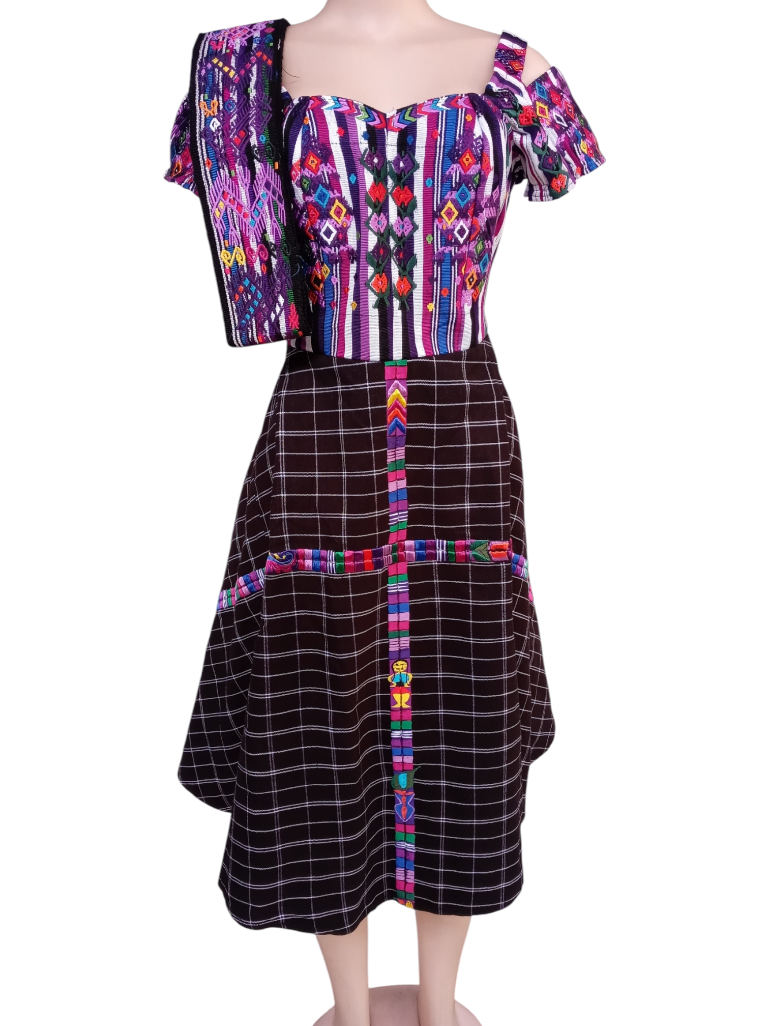 Vestido de Falda Media Campana con Blusa de Hombros Caídos y Faja TECPAN Y SAN JUANERO