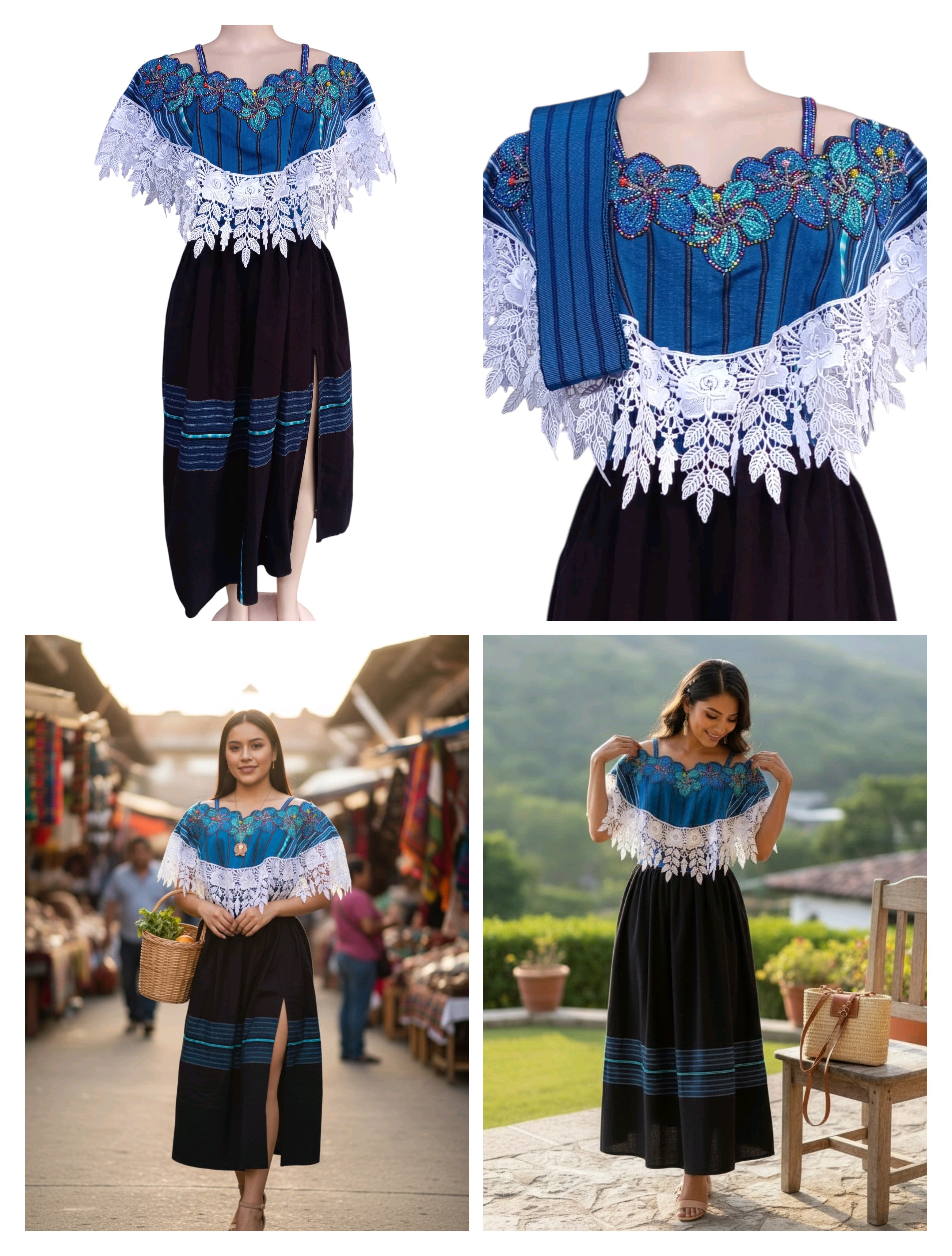 VESTIDO DE BLONDA CON DETALLES PERLADOS, UNITALLA