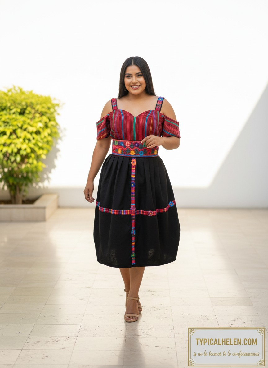 Vestido de Falda Media Campana con Blusa de Hombros Caídos y Faja TECPAN Y SAN JUANERO