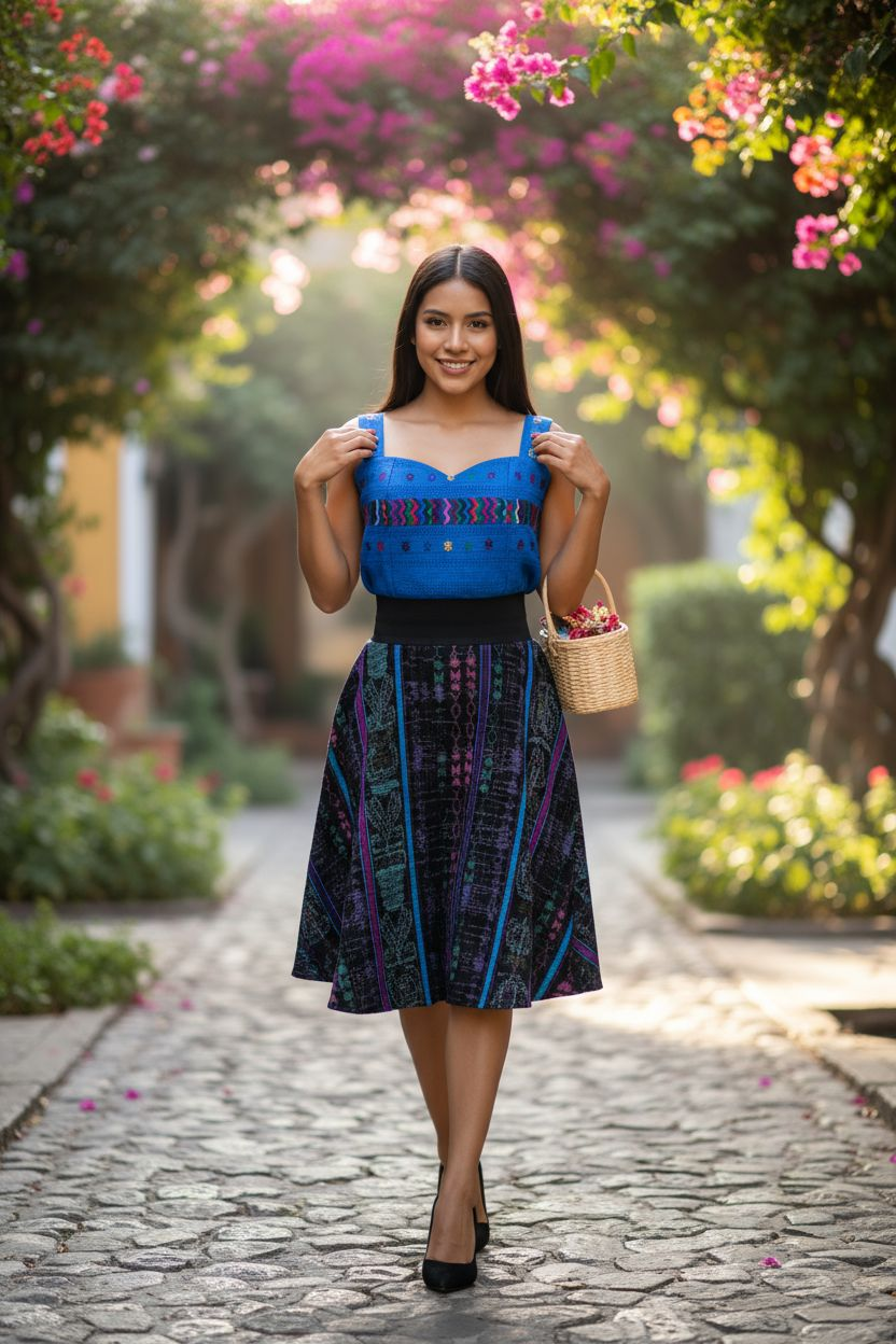 Vestido de Falda Media Campana con Blusa de Hombros Caídos y Faja TECPAN Y SAN JUANERO